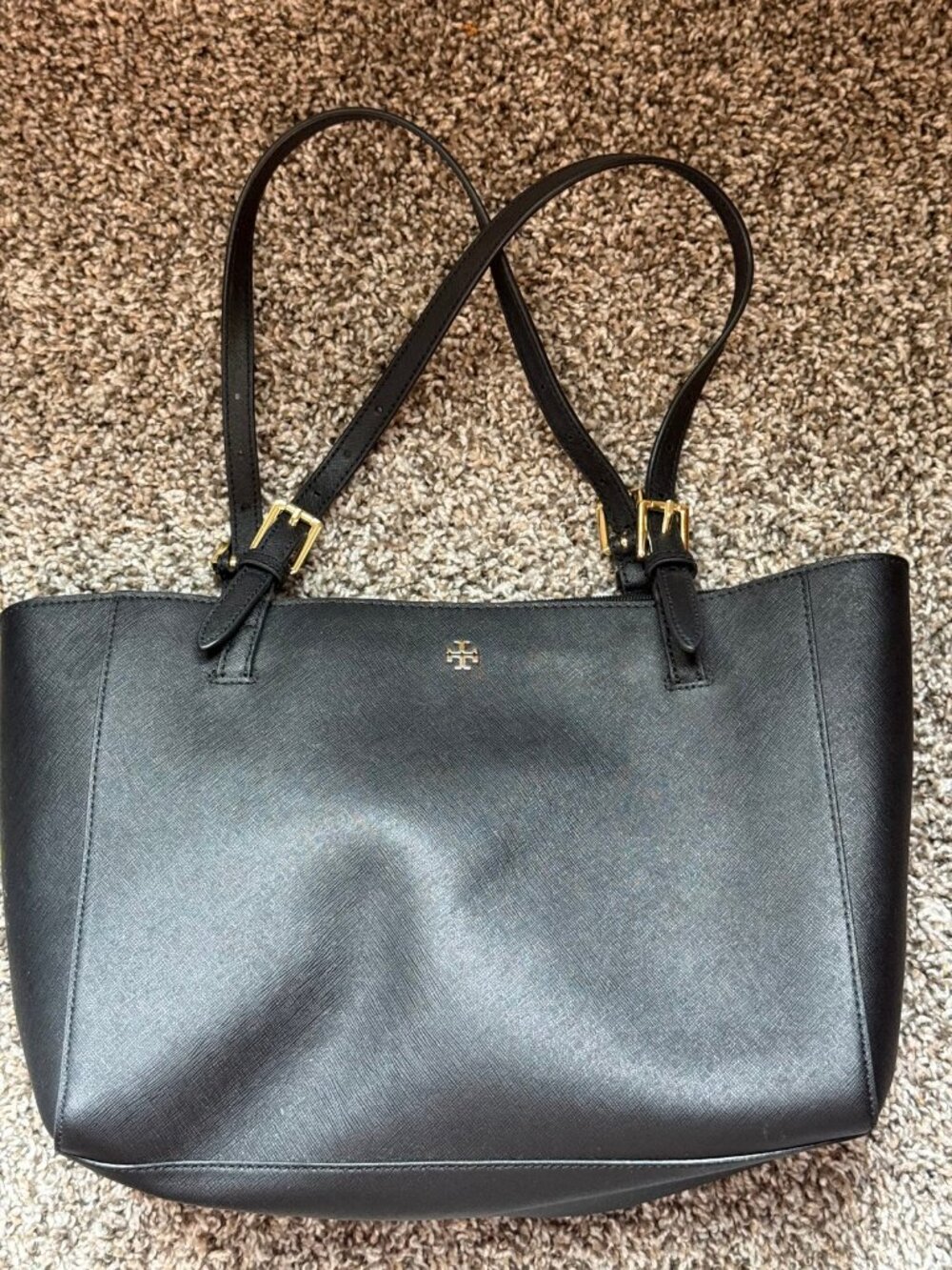 Tory Burch York Buckle Tote Black Saffiano Gold Double-T Logo